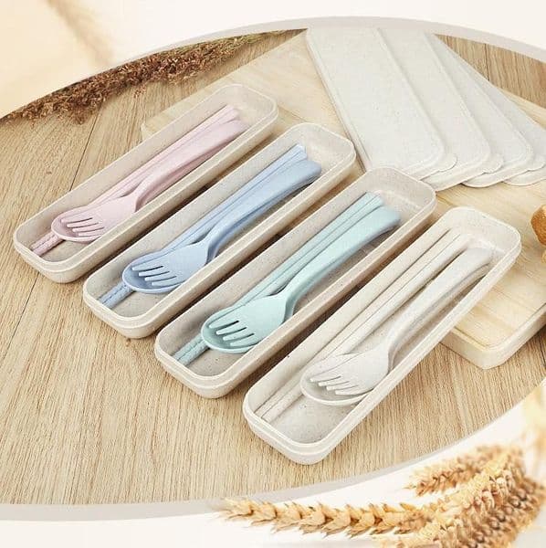 3 Pcs/set Wheat Straw Travel Tableware Cutlery Set With Dinnerware Case Portable