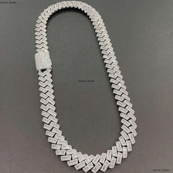 necklace moissanite chain 15mm Hip Hop VVS Diamond Baguette Cuban Link Chain Moissanite 925 Silver Jewelry Box ec