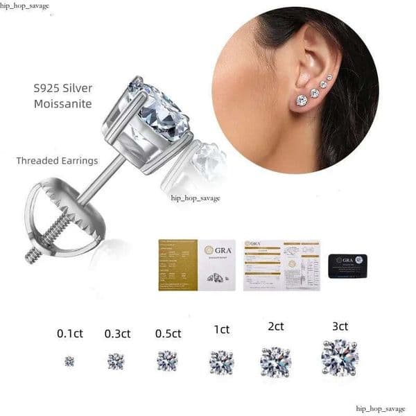 Pass Diamond Tester Vvs1 D Color Moissanite Designer For Women Solid 925 Sterling Silver 4 Prong Stud Earrings Gold Plated Screw Back Mens Jewelry Woman Gift 2b