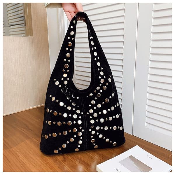 Punk Style Embellished Double-Faced Round Rivet Inlaid Niche Luxury Bucket Bag Chic Lady Underarm Large Capacity Shoulder Bag