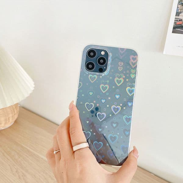 Laser Heart Transparent Phone Case iPhone 16/15 Pro Max Compatible with Apple 14 Pro Max Protective Case