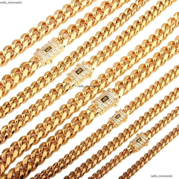 6mm-14mm Hip Hop Stainless Steel Miami Cuban Link Chain 18K Real Gold Plated T Zircon Clasp Mens Necklace Jewelry 19