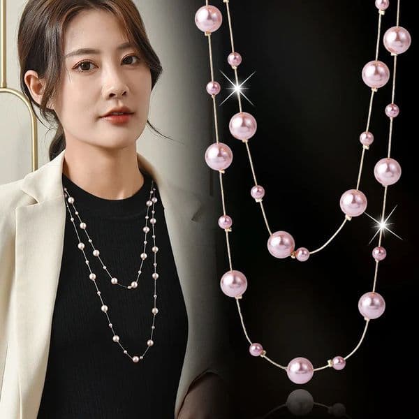 2024 Double Layer Pink Simulated Pearl Long Necklace Women Sweater Chain Female Collares Statement Jewlery 251124
