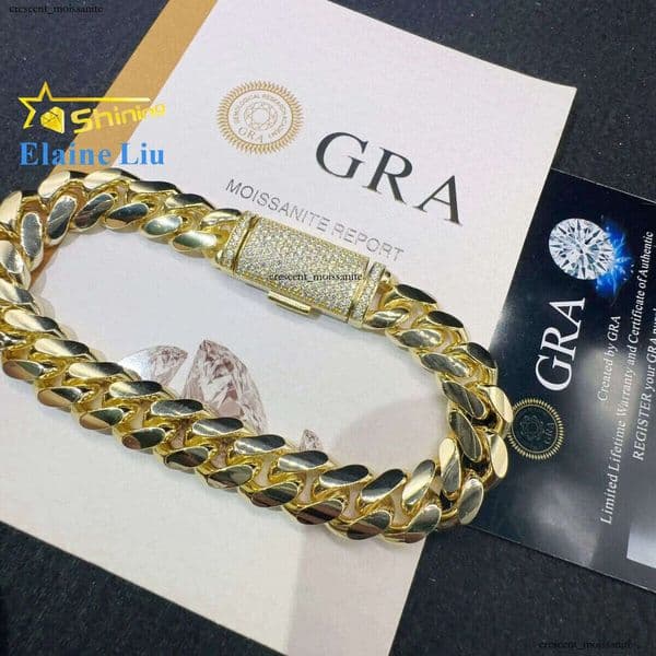 Fashion Sterling Silver 925 VVS Moissanite Lab Diamond Clasp Hip Hop Jewelry 14K Real Gold Plated Cuban Link Chain Bracelet 83