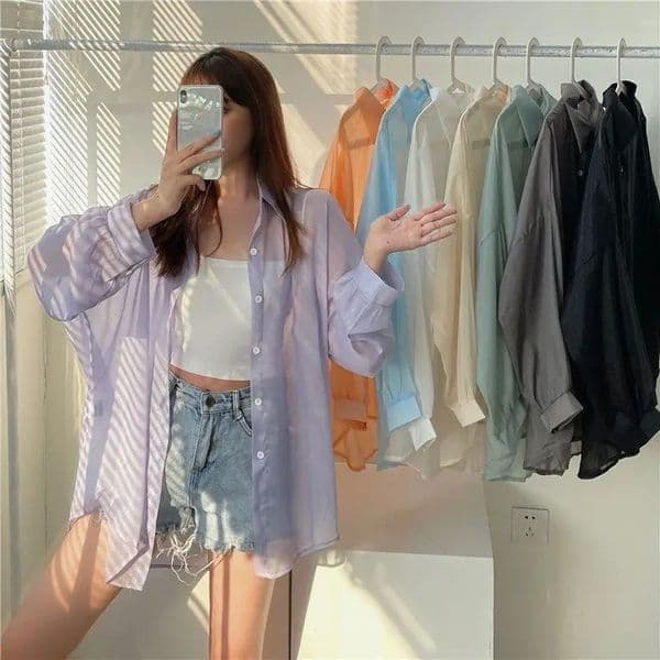 Womens shirt long sleeved womens chiffon loose cardigan sexy solid color casual 250422BANJIA