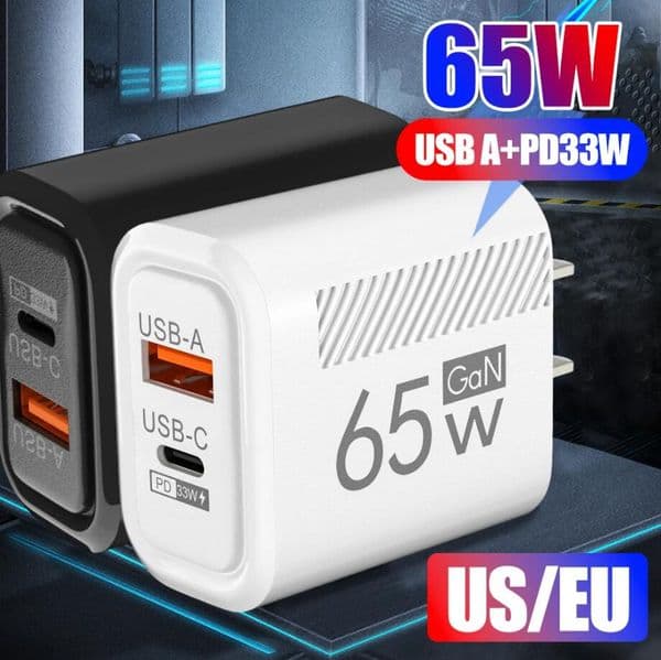 65W USB Wall Charger Block Quick Charge 2 Ports PD 33W Type C Phone Fast Charging EU US Plug Travel Power Adapter For iPhone 16 15 14 13 12 11 Samsung S25 S24