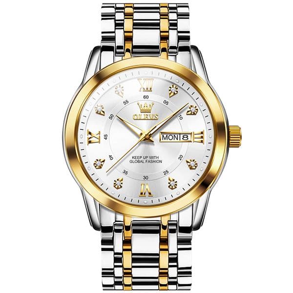 OLEVS Double Calendar Business Night Light Men's Watch Stainless Steel Diamond Quartz Waterproof Luminous Luxury Casual Mens Wrist Watches