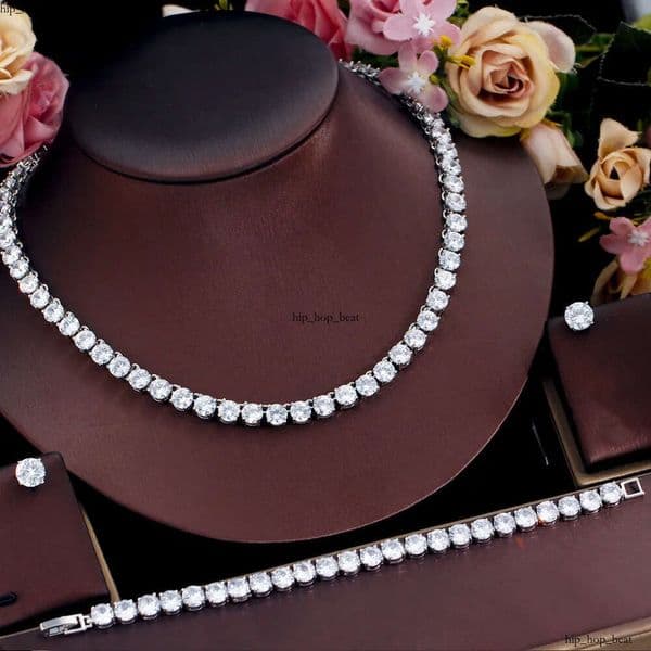 2024 Top Sell Wedding Sets Luxury Jewelry 18K Gold Fill Round Cut White 5A GRA Cubic Zircon CZ Diamond Stud Earring Tennis Bracelet Women Necklace Gift