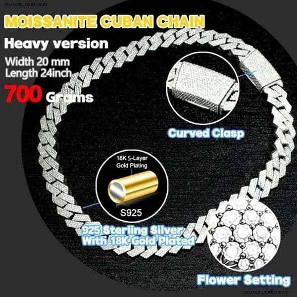 Hip Hop GRA Rapper Mossanite Necklace Jewelry Vvs Sterg Sier 20mm Black Dia Moissanite Cuban k Chain