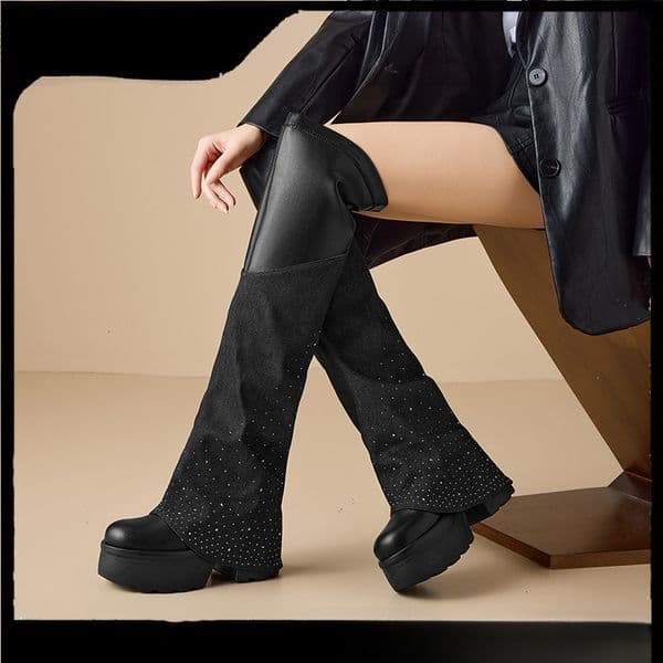 Knee length thick boots with raised sole for women multifunctional round toe elastic fabric with fashion rhinestones designer shoes for snow boots