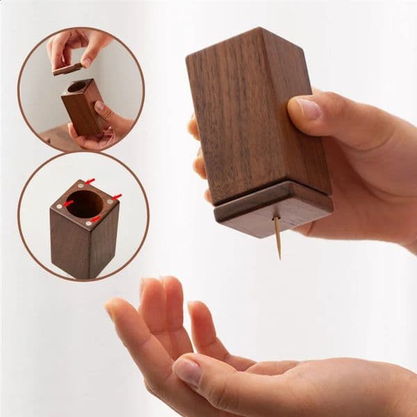Toothpick Box Black Walnut Wood Home Wheat Straw Toothpick Holder Container Portable Pop-Up Toothpick Dispenser 250115BJ