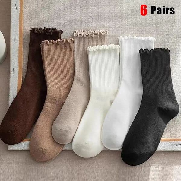 6/8/10 Pairs Ruffled Mid Length Socks Womens Breathable Solid Color Set Spring and Autumn Comfort Sweat-absorbing s Socks 250121
