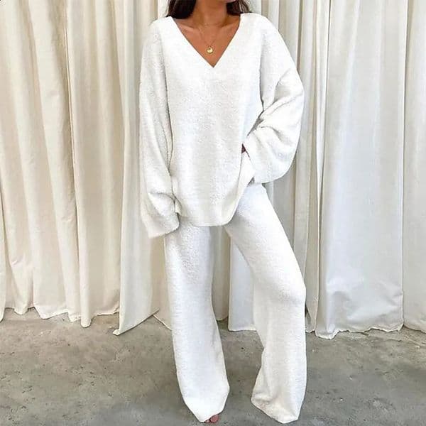 Autumn Winter Warm 2 Piece Outfits Women Long Sleeve V-neck Top Pullover And Casual Pants Set Elegant Tracksuits Loungewear 250122