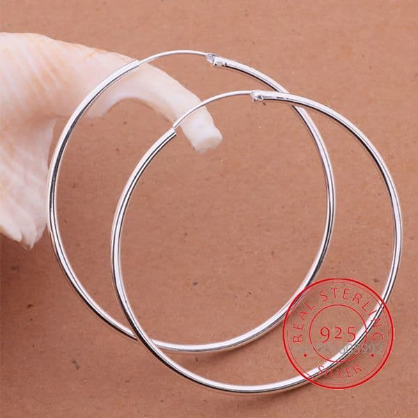 100% Pure 925 Sterling Silver Hoop Earrings For Women 50mm 60mm Round Circle Loop Simple Woman Silver Hoop Earrings