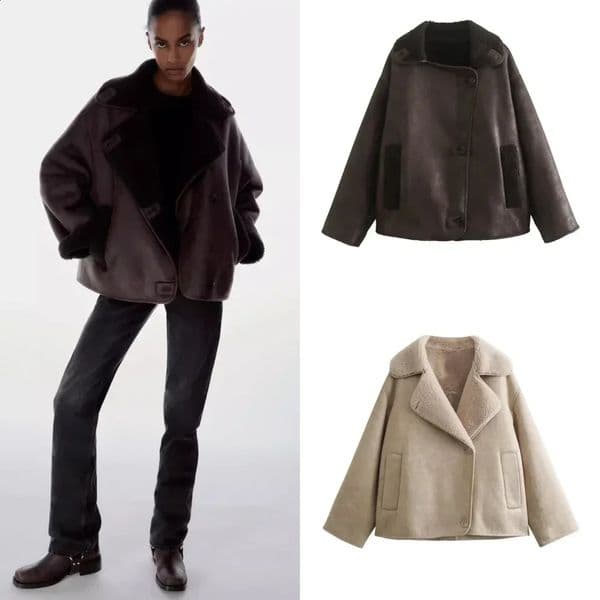 2024 Winter Women Clothing Warm Jacket Vintage Casual Faux Leather Long Sleeve Coat Female Windbreaker Outerwears Lapel Tops 250107Z