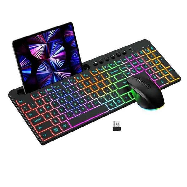 Ergonomic Backlit Keyboard Mouse Combo with Phone Holder 2.4G Wireless Rechargeable Keyboard Mouse Set for Win XP/7/8/10/11 X250203