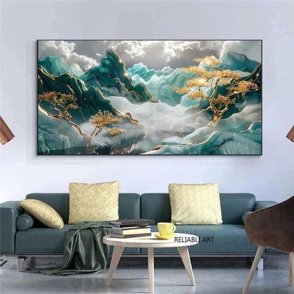Modern Gold Jade Cyan Landscape Print Canvas Painting Green Peak Golden Trees Poster Wall Art For Living Room Decor No FrameXJ250116