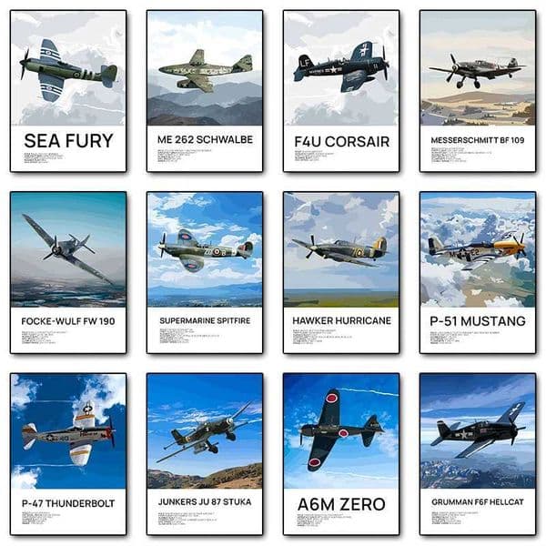 WW2 Vintage Fighter Aircraft Posters Prints Canvas Printing Modern Wall Art Picture for Office Living Room Home Decor No FrameXJ250116