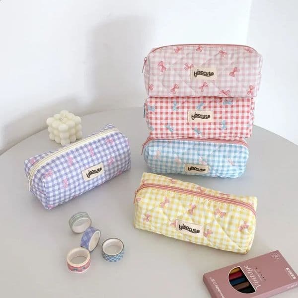 Sweet Candy Color Pencil Case for Girl Chic Korean Bow Plaid Style Pencil Pouch High Capacity Student Stationery Stroage Bag 250121