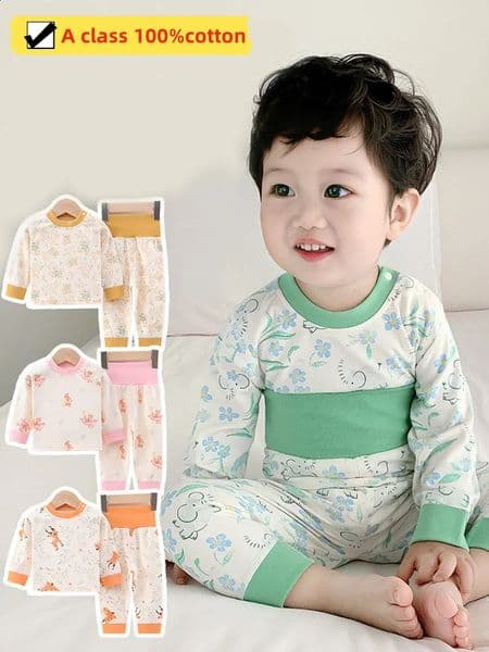 2PCS Belly Protection Baby Pajamas Set for borns Infant Full Cartoon Print Home Wear Suit Floral High Waist Loungewear 250117BJ