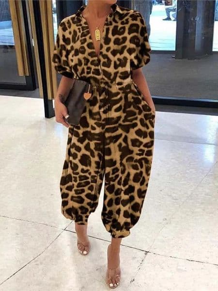 Summer Fashion V-Neck Button Lace-Up Jumpsuit Short Sleeve Loose Playsuit Overalls Women Elegant Leopard Print Pocket Rompers 250206BJ