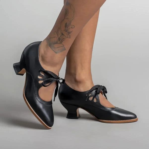 Woman Pumps Retro Mary Jane Shoes Vintage Lace Up High Heels Low Heel Plus Size Dress Zapatos De Mujer 250118BANJIA