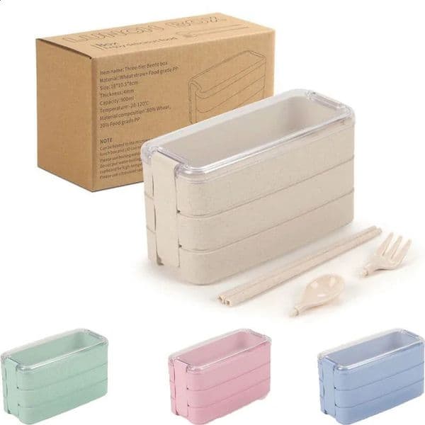 1pc 1000ML 3layers Wheat Straw Lunch Box With Dinnerware Detachable Microwavable Hermetic Bento For Adults School Office 250206BJ
