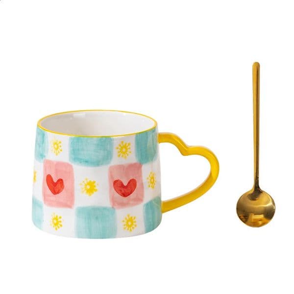 300ML Hand-Painted Love Heart Coffee Cup with spoon Cute Ins Style Ceramic Mug Valentines Day present Breakfast Milk Tea Cup 250207