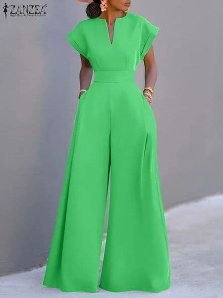 ZANZEA Summer Overalls Women 2024 Elegant Jumpsuits Holiday Casual Short Sleeve Long Rompers Commuting Wide Leg Pants Playsuit 250206