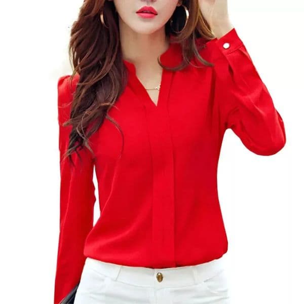 Long Sleeve Shirt Women Autumn Clothing Fashion Slim Blouse V Neck Korean Elegant Ladies Office Shirts White Red 250121