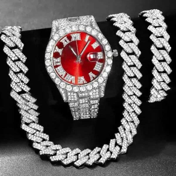 Fashion rhinestone watch hip hop 14mm claw cuban chain rapper cuban necklace set men and women punk party gift Z250207
