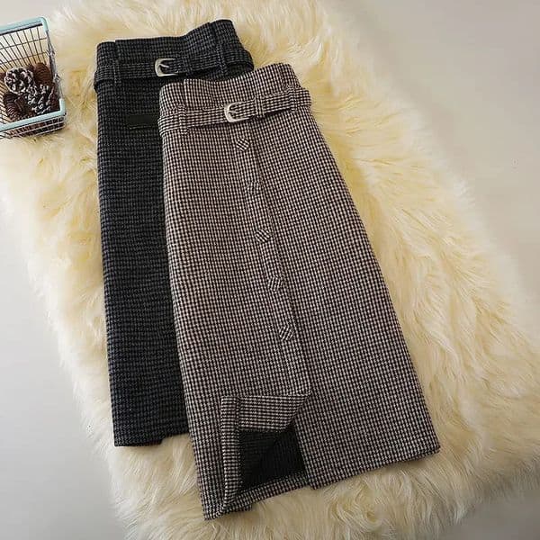 Elegant Houndstooth Print Tweed Midi Skirts for Women Autumn Winter Zipper High Waist Slim Skirt Simple Allmatch 250206