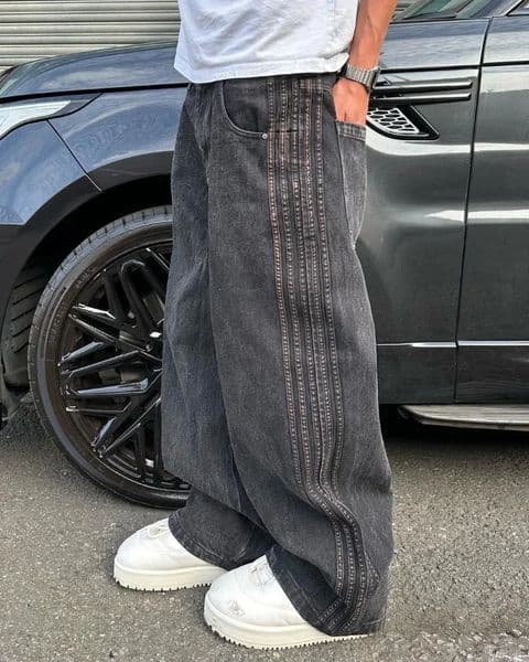 Patch Embroidery Baggy Jeans for Men Clothing Street Hip Hop Vintage Black Jeans Men Casual Wide Leg Pants Mens Jeans 250208