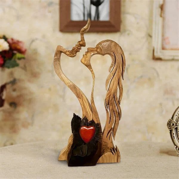 Wood Ornaments Love Eternal Wooden-Heart Desktop Sculpture Couple Kissing Statue Love Art Ornaments For Home Decorations 250117