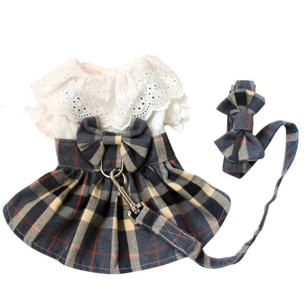 Lattice Dog Dress and Leash Set Cute Bowknot Teddy Bichon Dog Harness Vest Spring Summer Cat Dress Chihuahua Pet Clothing 250206BJ