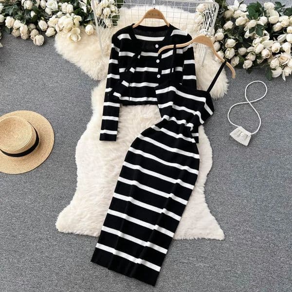 Korean Sweet Hit Color Patchwork Striped Spaghetti Strap Dress and V Neck Long Sleeve Cardigans 2 Pieces Sets 250208
