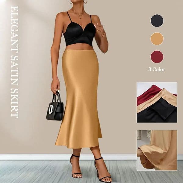 Satin Skirts for Women Korean Style Champagne Office High Waist Aline Skort Fashion Elegant Solid Long Pencil Skirt Silk Like 250208