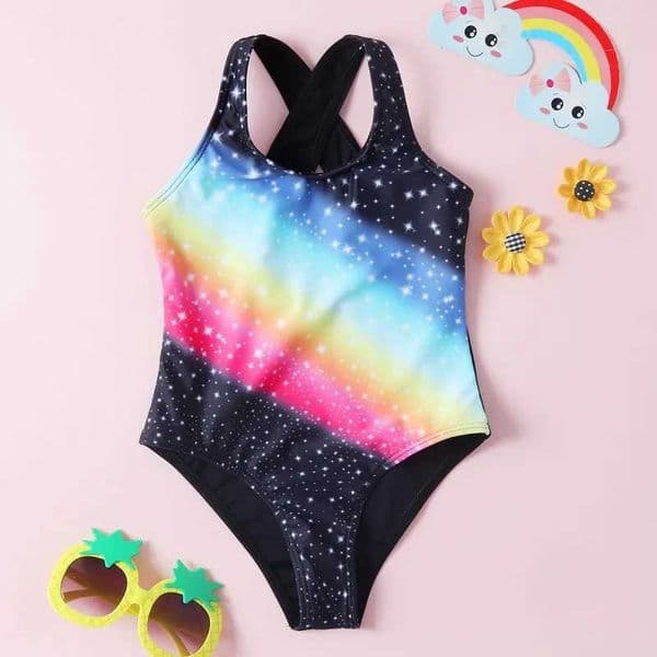 Print Girls Swimsuit Crisscross Summer Conjoined Floral Printing Rainbow Cute Girls Swimwear Swimsuit for Girl W250210