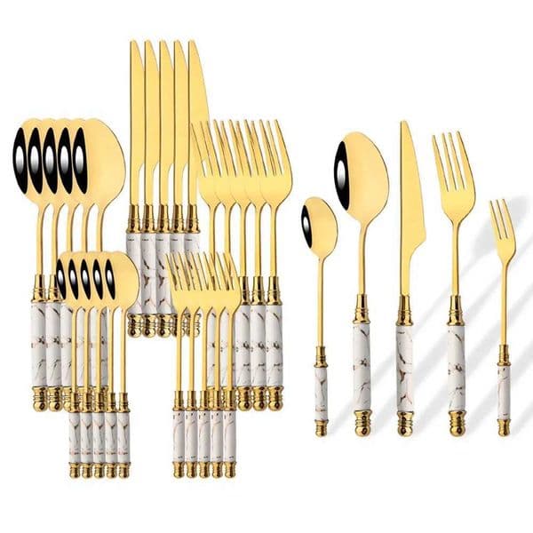 30Pcs Creative Imitation Ceramics Handle Dinnerware Set White Gold Cutlery Stainless Steel Tableware Knives Forks Spoon Flatware X250210