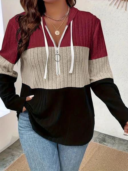 Plus Size Womens Hooded Fashion Knit Ribbed Cardigan Sweatshirt 250210BJ