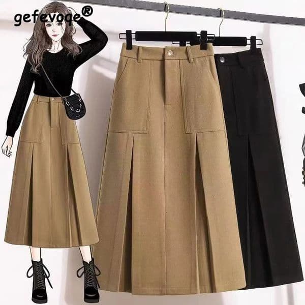 Womens Clothing Autumn Winter Vintage Elegant Chic Pleated Woolen Skirts Female High Waist Solid Casual A-line Midi Skirt Folding 250211