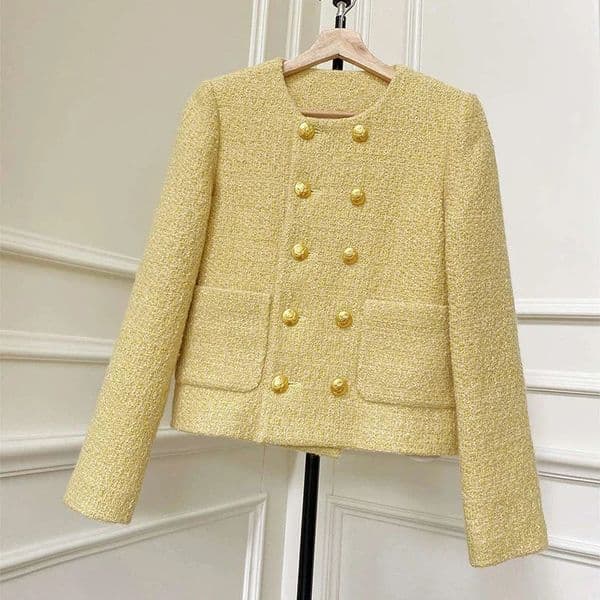 Womens Winter Tweed Cardigan Double Breasted Pockets O-Neck Office Short Coat Fall Fashion Elegant Long Sleeved Solid Warm Jacket 250210