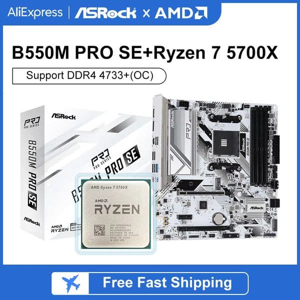 ASRock B550M PRO SE Desktop M-ATX White Motherboard + AMD Ryzen 7 5700X CPU Socket AM4 DDR4 128GB PCIe4.0 M.2 SATA 3 placa mae
