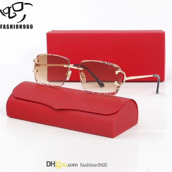 Vintage Rimless Square Mens Sunglasses for Women Luxury Brand Designer Popular Diamond Cut Travel Driving Metal Leopard Head Sun Glasses Edge Golden Cheetah 1822