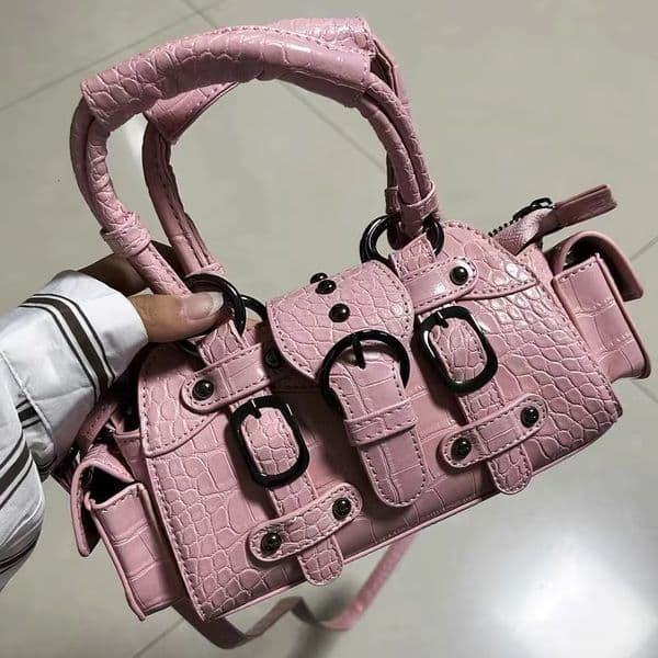 Moto & Biker Bag For Women Designer Handbag Purses 2025 New In PU Crocodile Pattern Rivet Belt Buckle Top Handle Shoulder