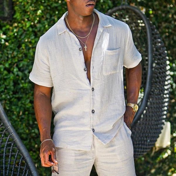 Beach Men Summer Fashion Solid Linen Tracksuit Men Clothing Casual Mens Sets Short Sleeve Lapel Button Shirts Shorts Suit 250211