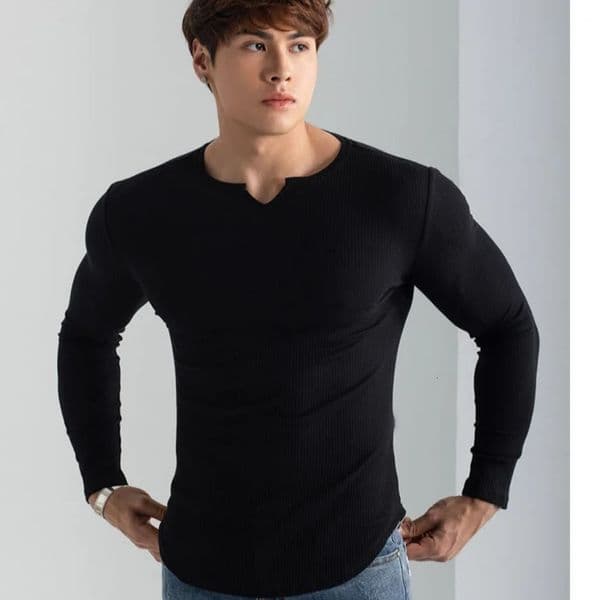 Men Summer Slim Fit Fashion Long Sleeved Top Fitness Motion Hip Hop Streetwear Running And V Neck Trend 250113