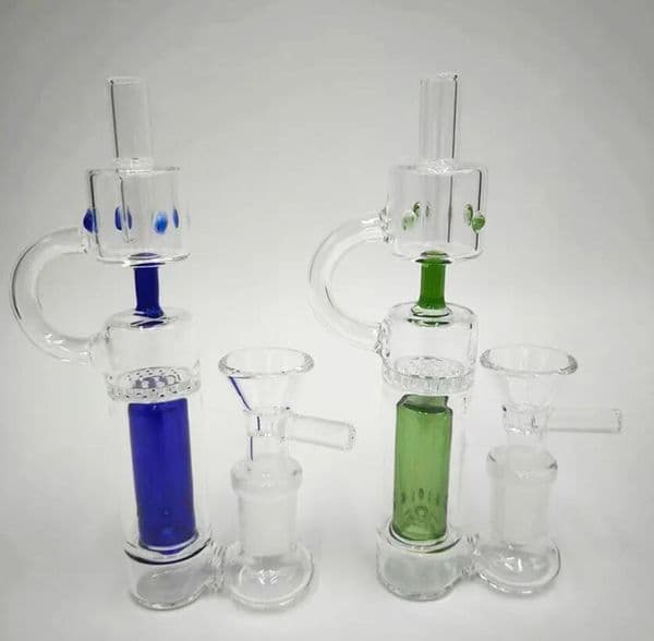 15cm green Smoking Honeycomb water pipe bubbler Hookah Glass Water Bong Bamboo Shape Refined Bell Recycler with green perc 14.4mm joint mini bubbler blue