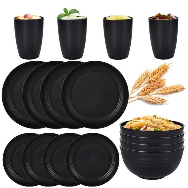 4pcs16pcs Black pp cutlery set Plate Spitting dish bowl cup outdoor camping party 250213