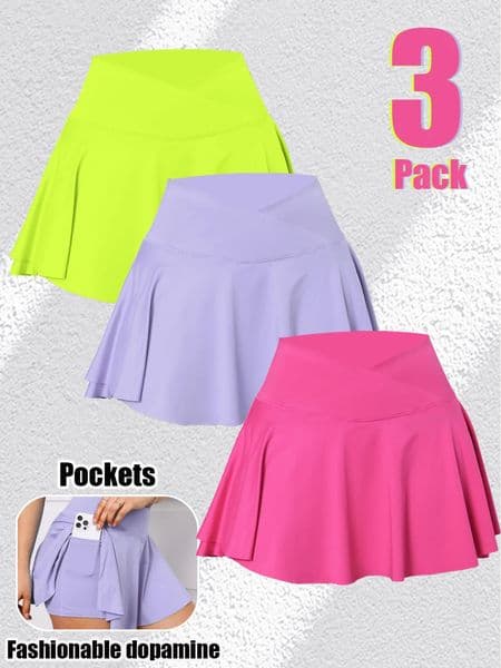 3Pack Dopamine Pockets Tennis Skirts for Women Fitness Skinny Pleated Skirt Outdoors Corset Shorts High V Waist 250213